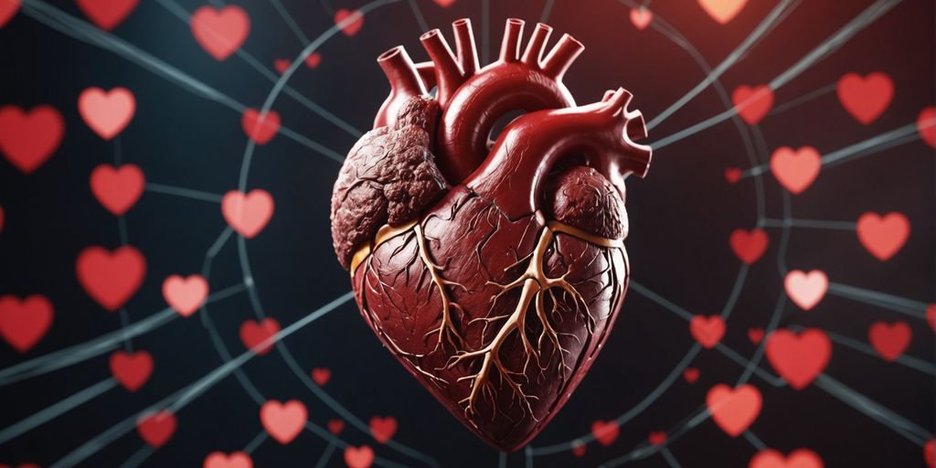 Illustration of heart with blocked arteries and medical symbols