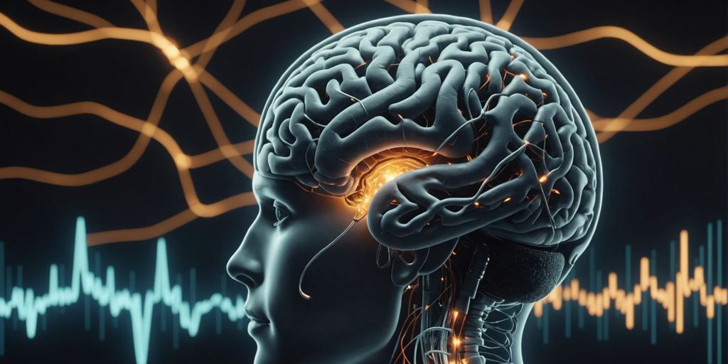 Illustration of brain, ear, sound waves, and neurons.